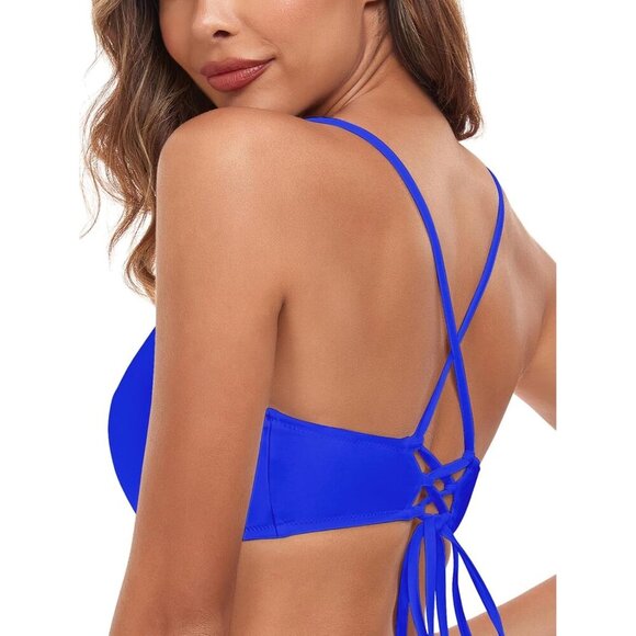 🆕Women's Blue Strappy Bikini Tops Padded Swimsuit Lace Up Bathing Suit Top - Picture 4 of 5